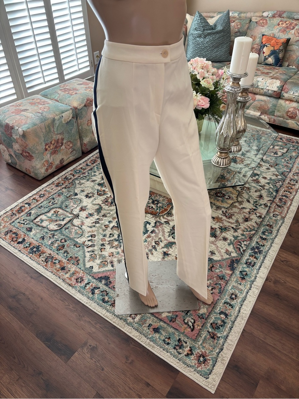 Escada Cream Tuxedo Stripe Trousers with Navy Side Detail